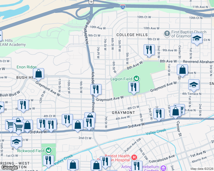 map of restaurants, bars, coffee shops, grocery stores, and more near 623 8th Avenue West in Birmingham