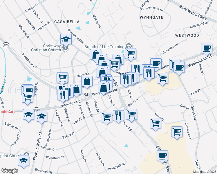 map of restaurants, bars, coffee shops, grocery stores, and more near 3903 Roberts Road in Augusta
