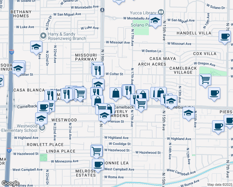 map of restaurants, bars, coffee shops, grocery stores, and more near 5100 North 18th Avenue in Phoenix