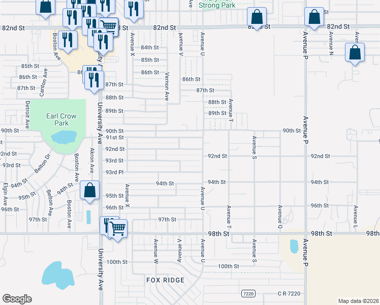 map of restaurants, bars, coffee shops, grocery stores, and more near 2120 92nd Street in Lubbock