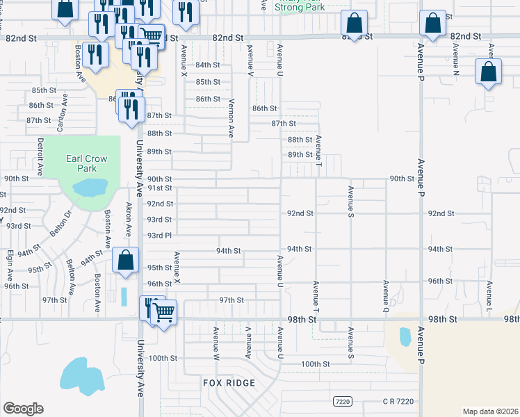 map of restaurants, bars, coffee shops, grocery stores, and more near 2120 92nd Street in Lubbock