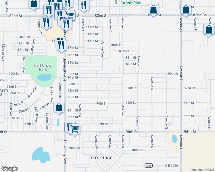 map of restaurants, bars, coffee shops, grocery stores, and more near 2120 92nd Street in Lubbock