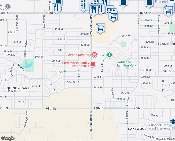 map of restaurants, bars, coffee shops, grocery stores, and more near 6509 91st Street in Lubbock