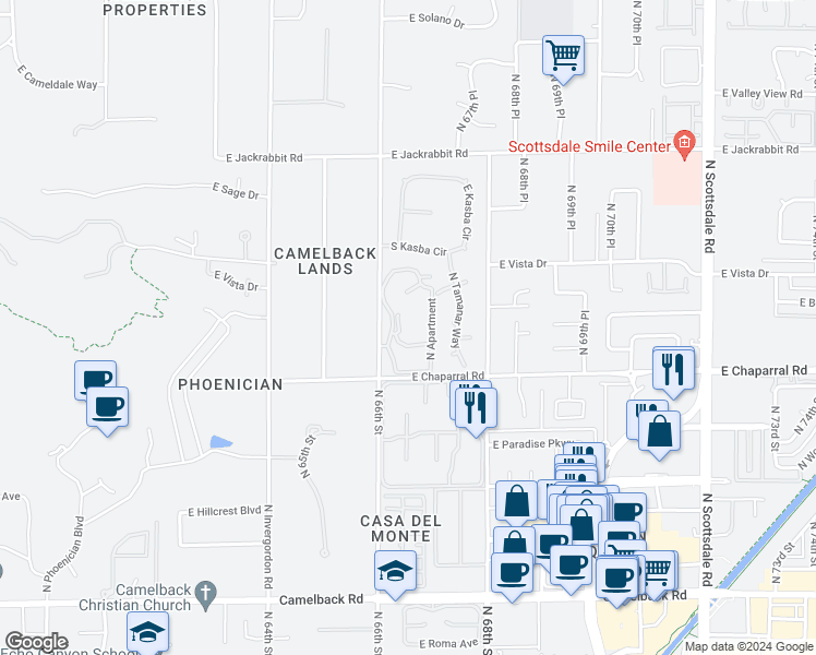 map of restaurants, bars, coffee shops, grocery stores, and more near 5101 North Casa Blanca Drive in Paradise Valley