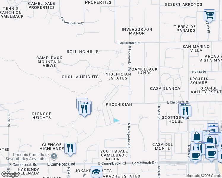 map of restaurants, bars, coffee shops, grocery stores, and more near 6231 East Vista Drive in Scottsdale