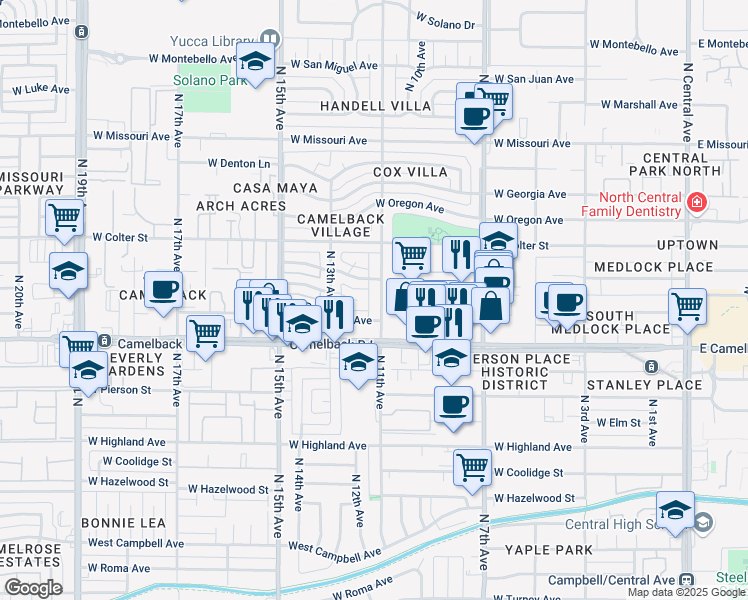 map of restaurants, bars, coffee shops, grocery stores, and more near 1115 West Orange Drive in Phoenix