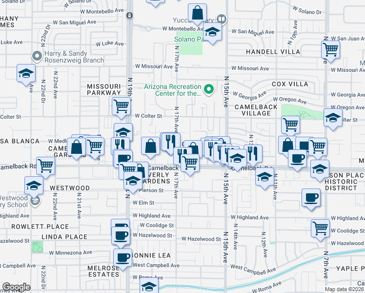map of restaurants, bars, coffee shops, grocery stores, and more near 5111 North 17th Avenue in Phoenix