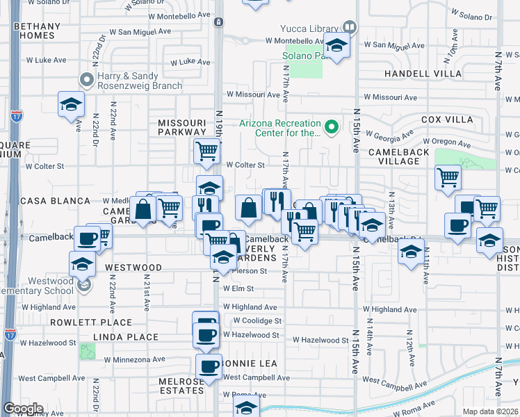 map of restaurants, bars, coffee shops, grocery stores, and more near 5038 North 17th Avenue in Phoenix