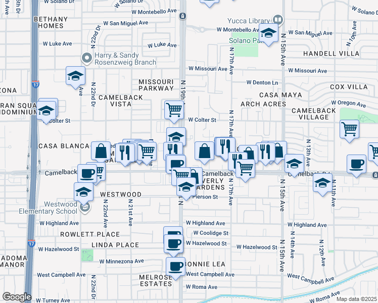 map of restaurants, bars, coffee shops, grocery stores, and more near 5045 North 19th Avenue in Phoenix