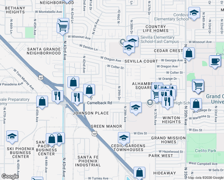 map of restaurants, bars, coffee shops, grocery stores, and more near 3939 West Medlock Drive in Phoenix