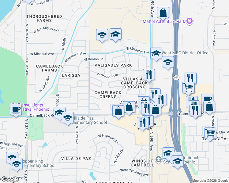 map of restaurants, bars, coffee shops, grocery stores, and more near 10134 West Orange Drive in Glendale