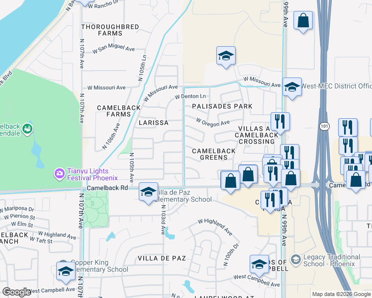 map of restaurants, bars, coffee shops, grocery stores, and more near 10264 West Medlock Drive in Glendale