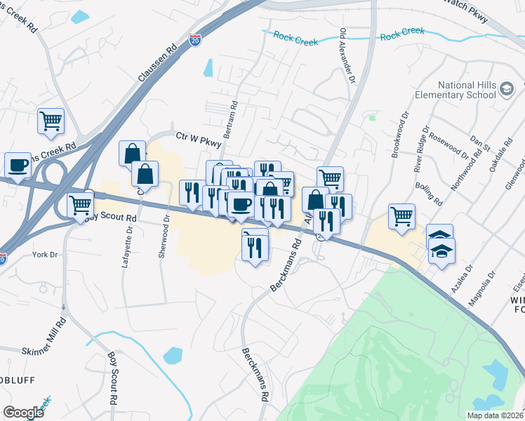 map of restaurants, bars, coffee shops, grocery stores, and more near 2803 Washington Road in Augusta