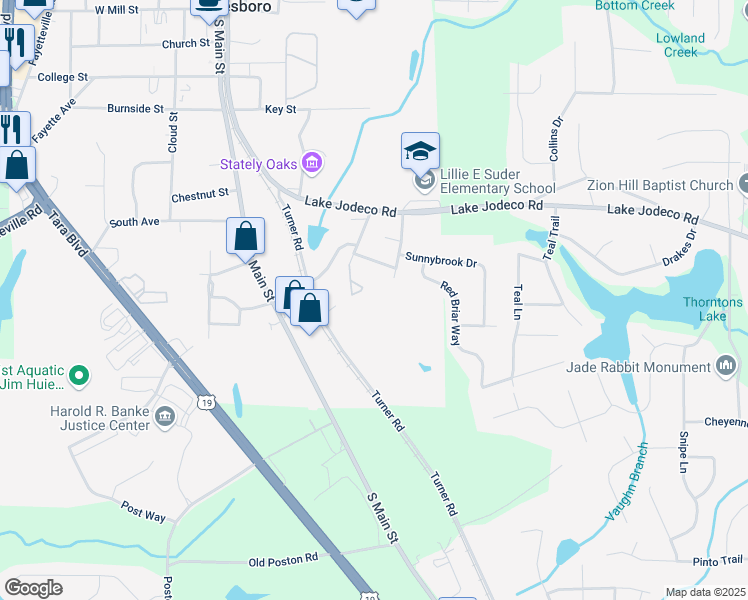 map of restaurants, bars, coffee shops, grocery stores, and more near 116 Thornton Drive in Jonesboro