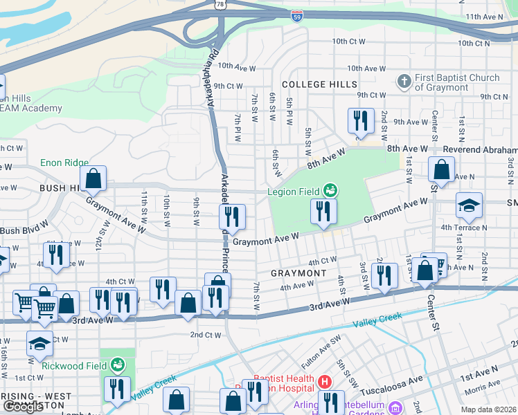 map of restaurants, bars, coffee shops, grocery stores, and more near 623 8th Avenue West in Birmingham