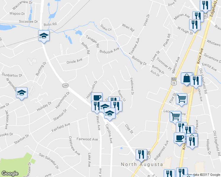 map of restaurants, bars, coffee shops, grocery stores, and more near 8 Summit Commons Court in North Augusta