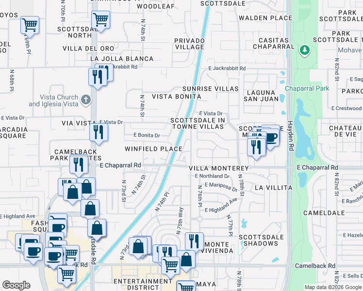map of restaurants, bars, coffee shops, grocery stores, and more near 5114 North Miller Road in Scottsdale