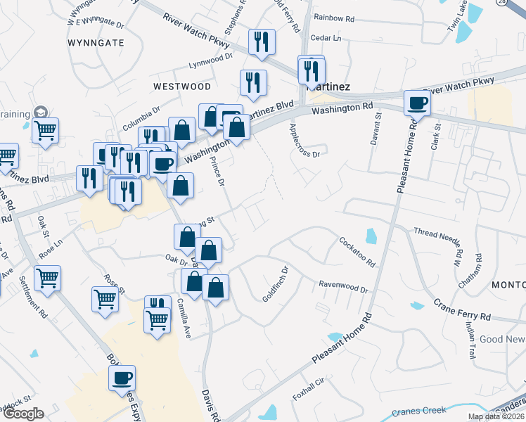 map of restaurants, bars, coffee shops, grocery stores, and more near 615 Belle Court in Martinez