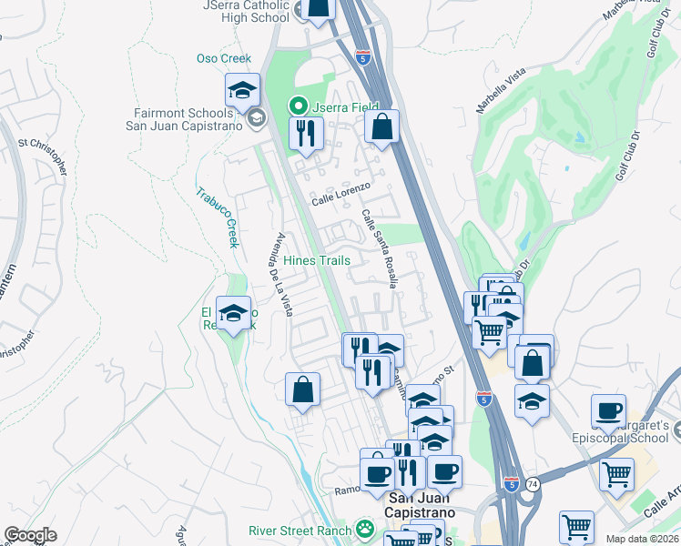 map of restaurants, bars, coffee shops, grocery stores, and more near 31092 Via Santo Tomas in San Juan Capistrano