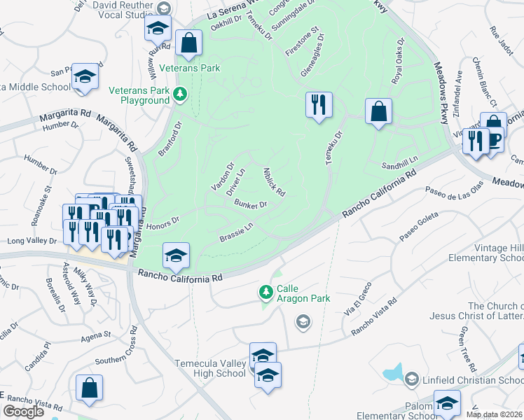map of restaurants, bars, coffee shops, grocery stores, and more near 31087 Bunker Drive in Temecula