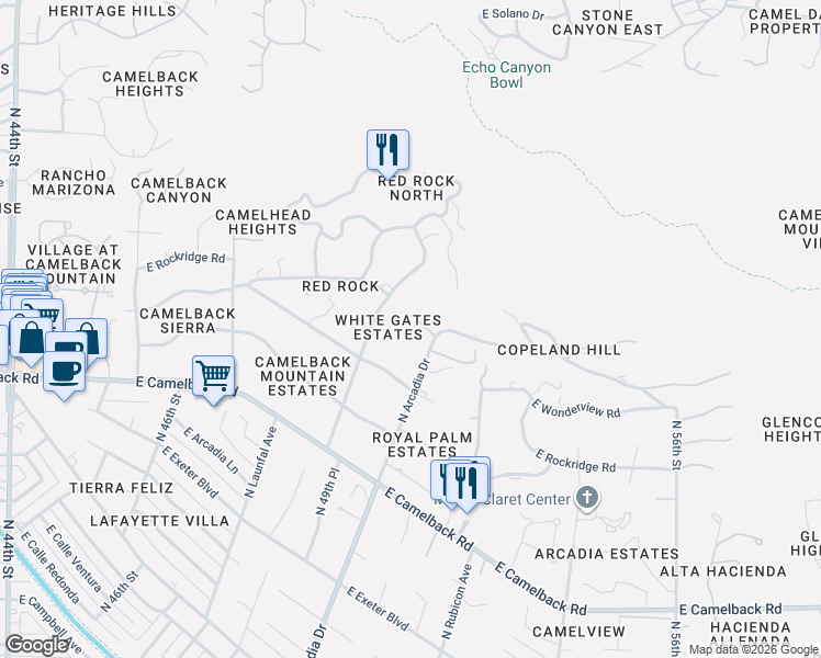 map of restaurants, bars, coffee shops, grocery stores, and more near 5040 North Arcadia Drive in Phoenix