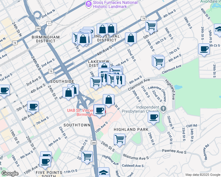map of restaurants, bars, coffee shops, grocery stores, and more near 711 29th Street South in Birmingham