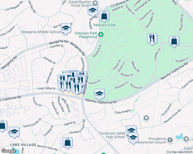 map of restaurants, bars, coffee shops, grocery stores, and more near 30792 Point Woods Court in Temecula
