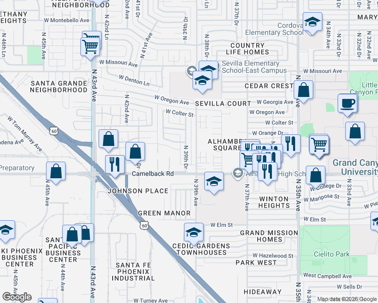 map of restaurants, bars, coffee shops, grocery stores, and more near 5050 North 39th Avenue in Phoenix