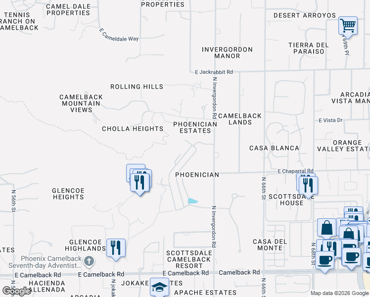 map of restaurants, bars, coffee shops, grocery stores, and more near 6231 East Vista Drive in Scottsdale