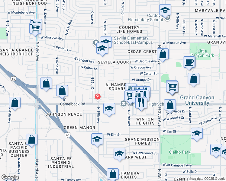 map of restaurants, bars, coffee shops, grocery stores, and more near 3838 West Camelback Road in Phoenix