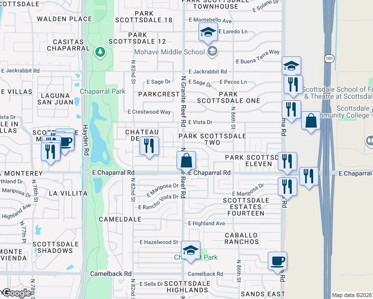 map of restaurants, bars, coffee shops, grocery stores, and more near 8401 East Orange Blossom Lane in Scottsdale