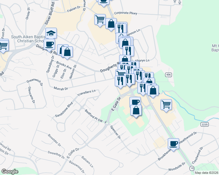 map of restaurants, bars, coffee shops, grocery stores, and more near 178 Shelby Drive in Aiken