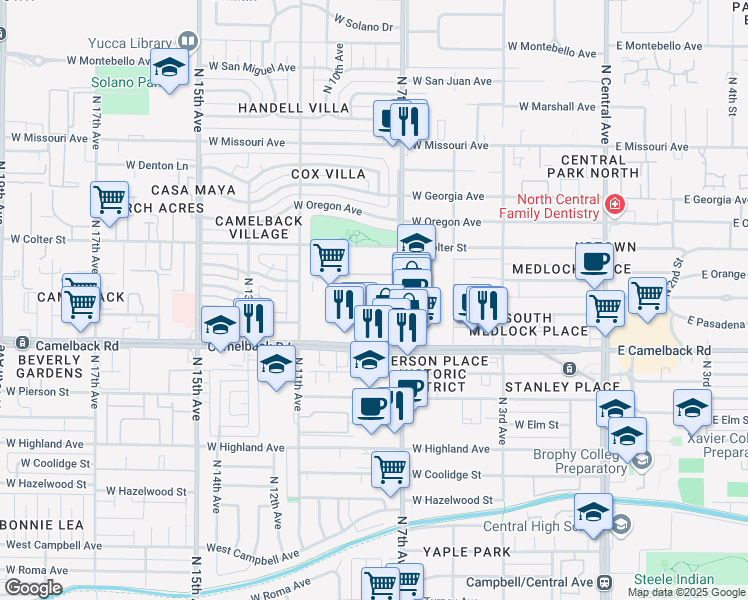 map of restaurants, bars, coffee shops, grocery stores, and more near 740 W Camelback Rd in Phoenix