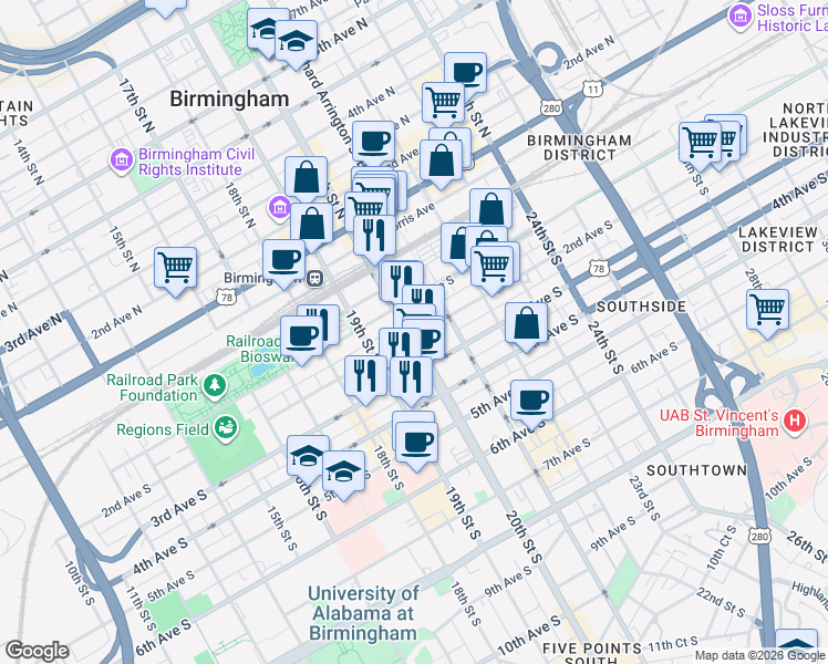 map of restaurants, bars, coffee shops, grocery stores, and more near 105 20th Street South in Birmingham