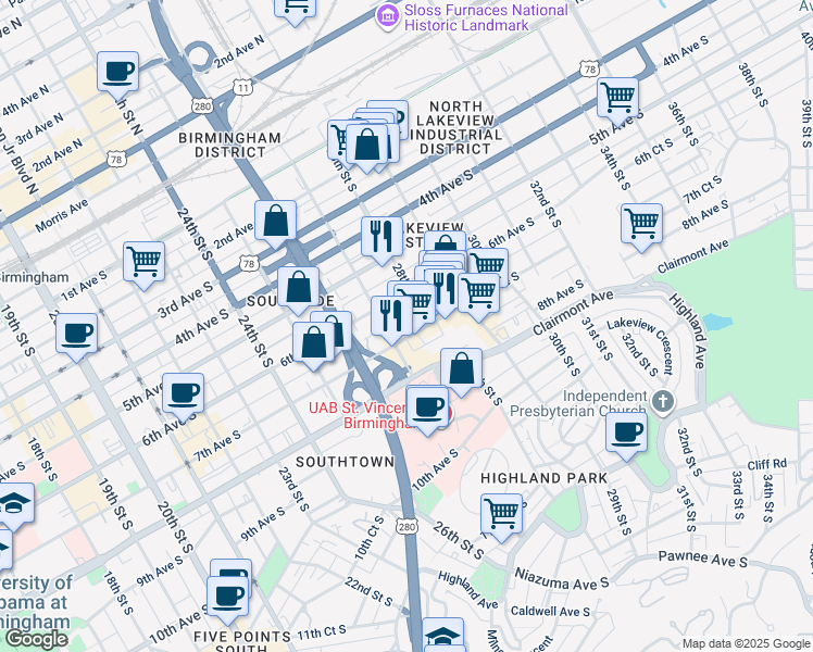 map of restaurants, bars, coffee shops, grocery stores, and more near 2721 6th Avenue South in Birmingham