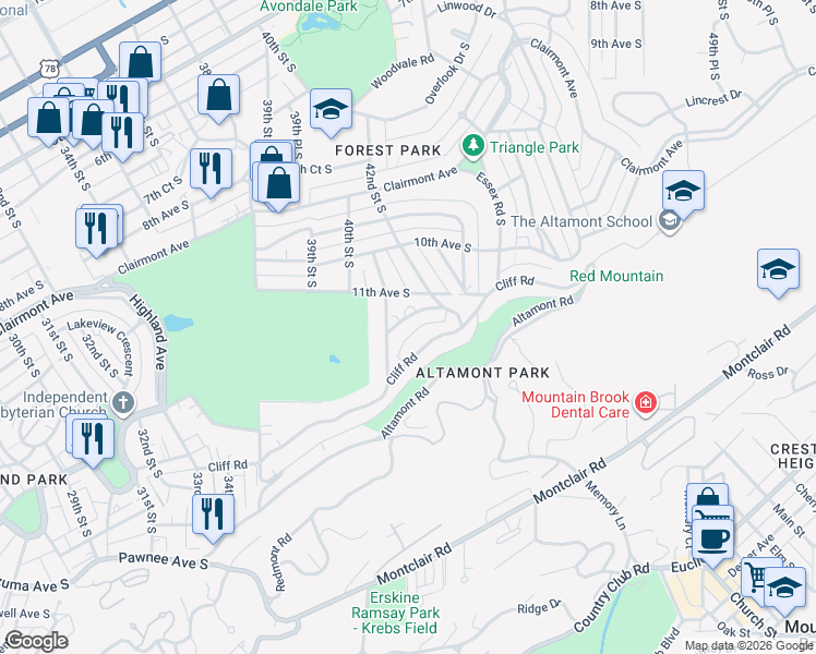 map of restaurants, bars, coffee shops, grocery stores, and more near 4100 Crescent Road in Birmingham