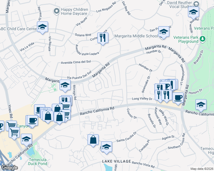 map of restaurants, bars, coffee shops, grocery stores, and more near 42155 Calabria Drive in Temecula