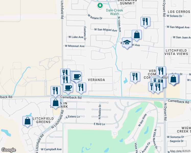 map of restaurants, bars, coffee shops, grocery stores, and more near 18913 West Windsor Boulevard in Litchfield Park