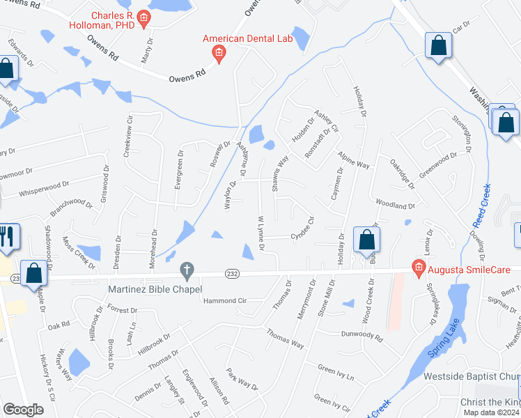 map of restaurants, bars, coffee shops, grocery stores, and more near 127 West Lynne Drive in Augusta