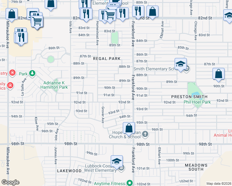 map of restaurants, bars, coffee shops, grocery stores, and more near 5815 90th Street in Lubbock