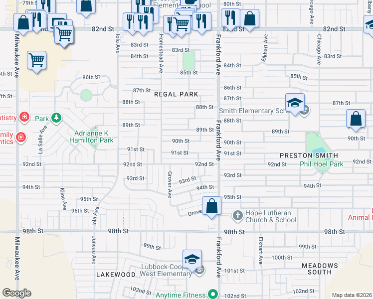 map of restaurants, bars, coffee shops, grocery stores, and more near 5905 90th St in Lubbock