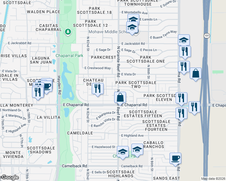 map of restaurants, bars, coffee shops, grocery stores, and more near 8312 East Orange Blossom Lane in Scottsdale