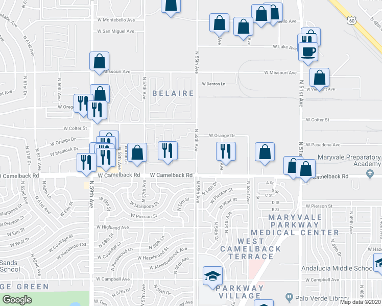 map of restaurants, bars, coffee shops, grocery stores, and more near 5411 West Orange Drive in Glendale