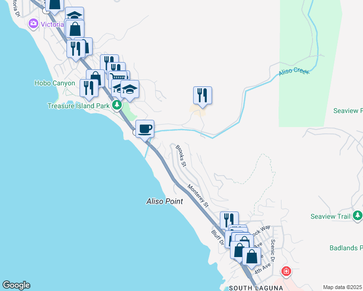 map of restaurants, bars, coffee shops, grocery stores, and more near 31102 Brooks Street in Laguna Beach
