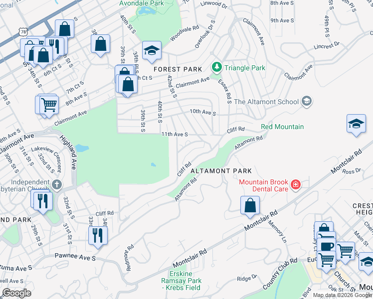 map of restaurants, bars, coffee shops, grocery stores, and more near 4100 Crescent Road in Birmingham