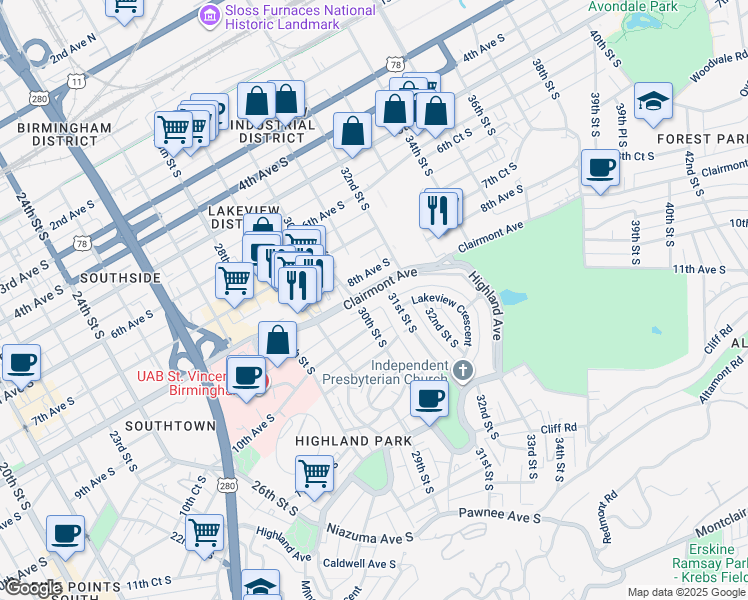 map of restaurants, bars, coffee shops, grocery stores, and more near 3008 Clairmont Avenue in Birmingham