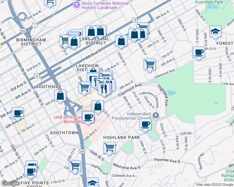 map of restaurants, bars, coffee shops, grocery stores, and more near 710 30th Street South in Birmingham