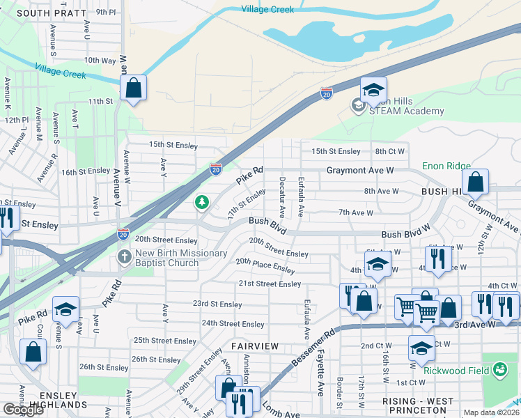 map of restaurants, bars, coffee shops, grocery stores, and more near 2741 17th Street Ensley in Birmingham