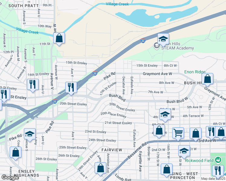 map of restaurants, bars, coffee shops, grocery stores, and more near 2741 17th Street Ensley in Birmingham