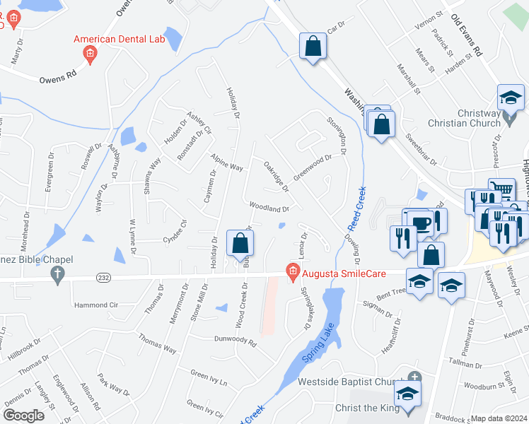 map of restaurants, bars, coffee shops, grocery stores, and more near 4264 Woodland Drive in Augusta